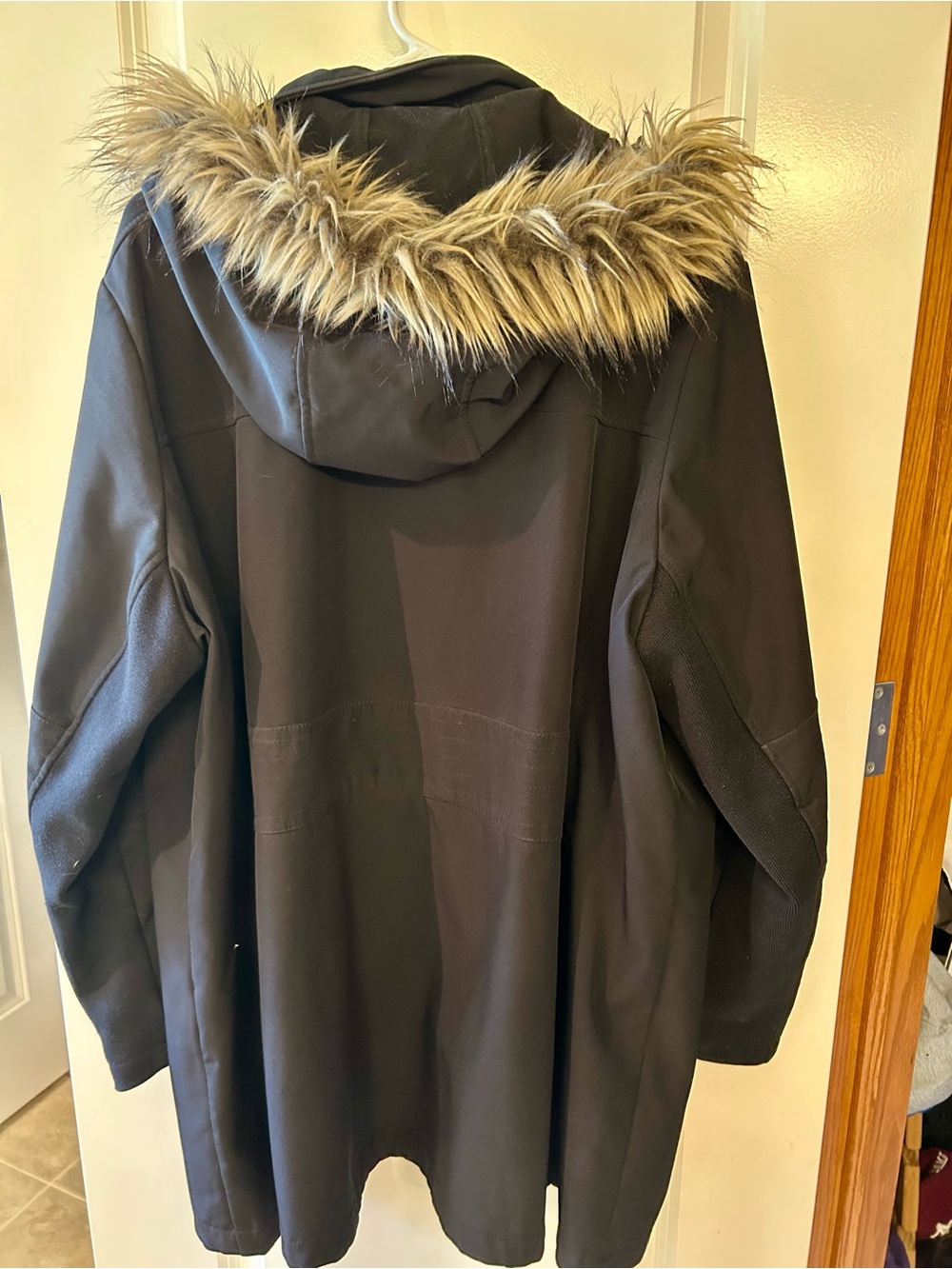 Calvin Klein Black Trench Coat with Faux-Fur Hood Trim - Picture 3 of 7